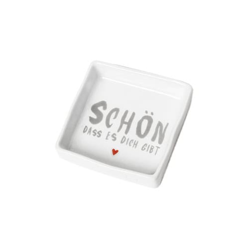 Schöner weißer Teller mit dem Spruch "Schön, dass es dich gibt" und kleinem roten Herz, ideal für li.
