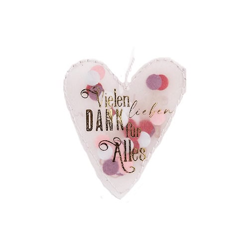 Herz mit liebevollen Spruch "Vieler Dank für Alles" in zarten Pastellfarben, handgemacht, romantisch.