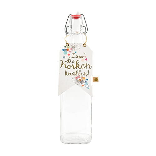Glasflasche mit Spruch "Lass die Korken knallen" für Feierlichkeiten und Anlässe, dekorativ und stil.