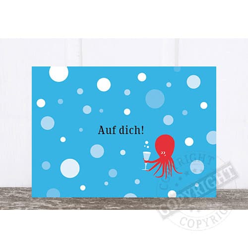 Einladungskarte mit Tintenfisch und Getränk, "Auf dich!" in blauer Meereswelt-Optik.