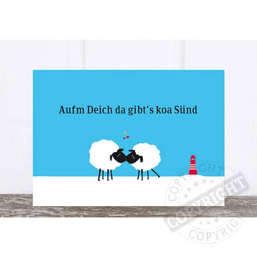 Auf dem Bild sind zwei Schafe, die sich küssen, mit dem Text "Aufm Deich da gibt's koa Sünd".