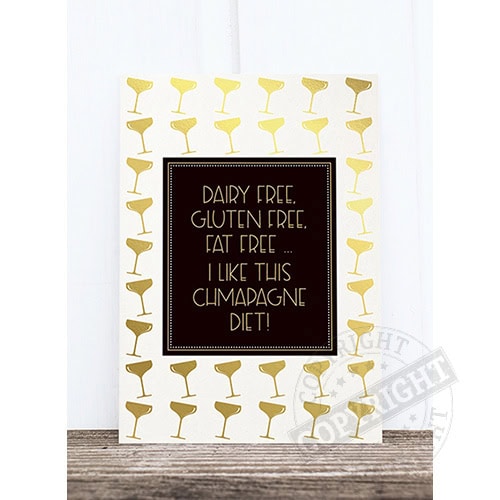 Dairy free, gluten free, eat free sign with champagne glass pattern in gold on white background.