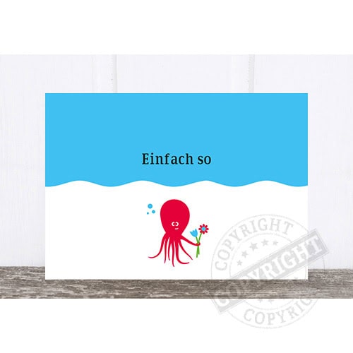 Einfach so - Oktopus mit Blume und Text, minimalistisches Design, freundlich und einladend.
