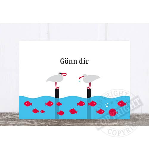 Gänse mit Fisch im Wasser, humorvolle Illustration mit dem Text "Gönn dir".