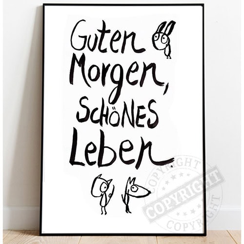 Guten Morgen Wunschbild mit handgezeichneter Botschaft und niedlichen Tierillustrationen.