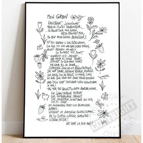 Naturgedicht über meinen Garten mit Blumen, Himmelsblau und Sonnenblumen, handgeschrieben auf weißem.