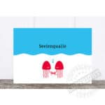 Illustration von Quallen mit dem Wort "Seelentankstelle" in Blau und Rot.