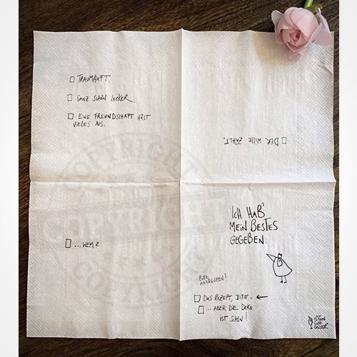 Handgeschriebene Notizen auf Papier mit Rose, humorvoller Text, kreative Botschaft, persönliche Erin.