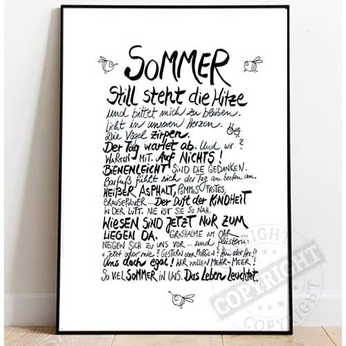 Handgeschriebenes Sommergedicht mit Bienenzeichnungen auf weißem Hintergrund.