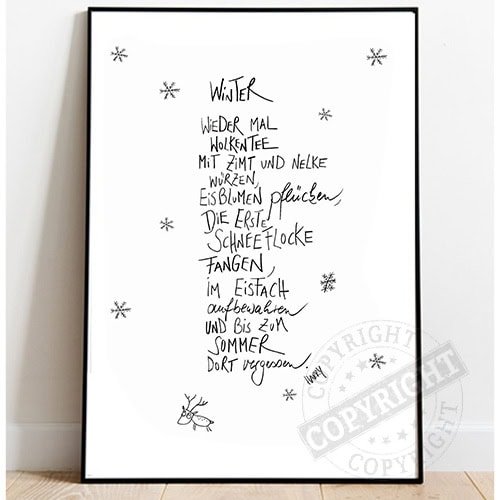 Wintergedicht mit Schneeflocken und Rentier Illustration, handgeschriebene Weihnachtskarte für festl.