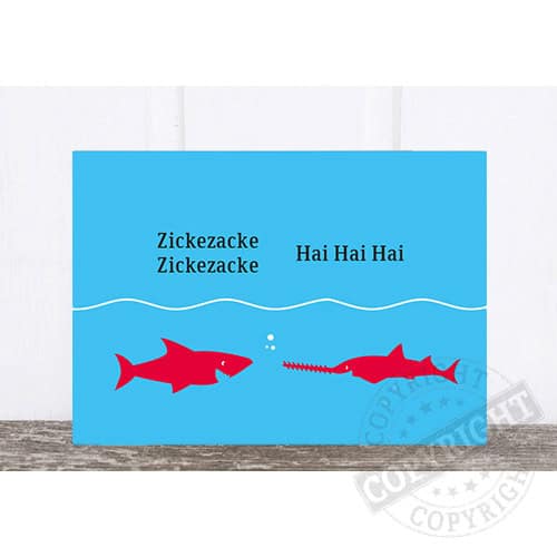 Zickzack und Hai Hai Hai im Wasser, humorvolle Illustration für Kinder, mit Text in Deutsch.