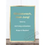 Fröhliche Glückwunschkarte für junge Menschen mit humorvollem Spruch in Deutsch, ideal für Geburtsta.