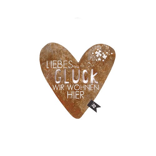 Herz mit Text "Liebes Glück wir wohnen hier" in brauner Farbe, mit Schneeflocken und Pfeil, symbolis.