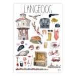 Illustration von Langoog mit Leuchtturm, Kleidung, Schuhen, Essen und Transportmitteln in Wasserfarb.