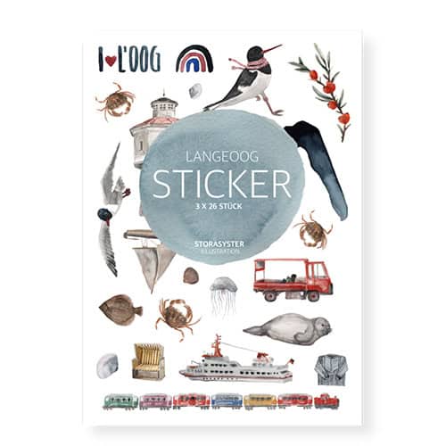 Langeoog Sticker mit Meeres- und Inselmotiven, ideal für Dekorationen und Sammelzwecke.