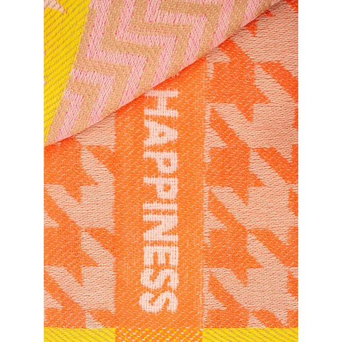 Hochwertiges Stoffmuster mit Hahnentritt-Design in Orange und Gelb, mit "HAPPINESS" Schriftzug für m.