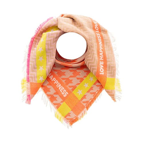 Halskette aus buntem, weichem Stoff mit Love- und Happiness-Motiven, ideal für modische Accessoires.