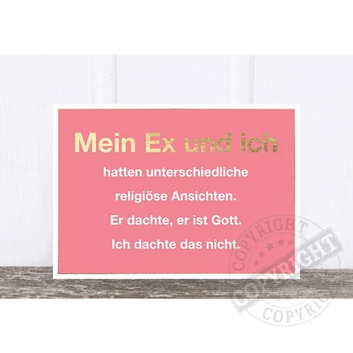 Ein altmodisches Schild mit humorvollem Text über religiöse Ansichten und persönliche Überzeugun.