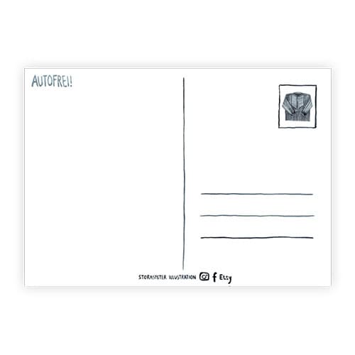 Autofreie Postkarte mit Poststempel, ideal für umweltfreundliche Grüße und nachhaltigen Versand.