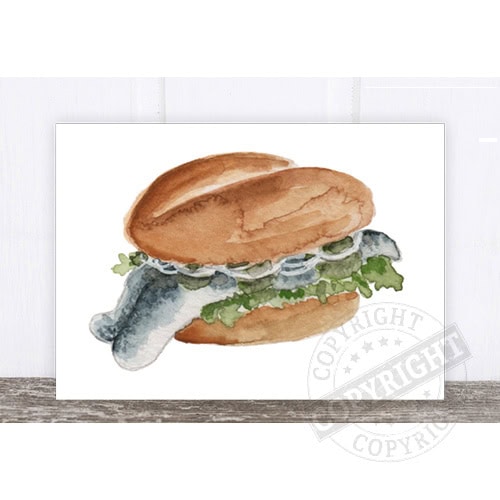 Ein Hund, der einen Hot Dog isst, in Wasserfarben gemalt, auf weißem Hintergrund.