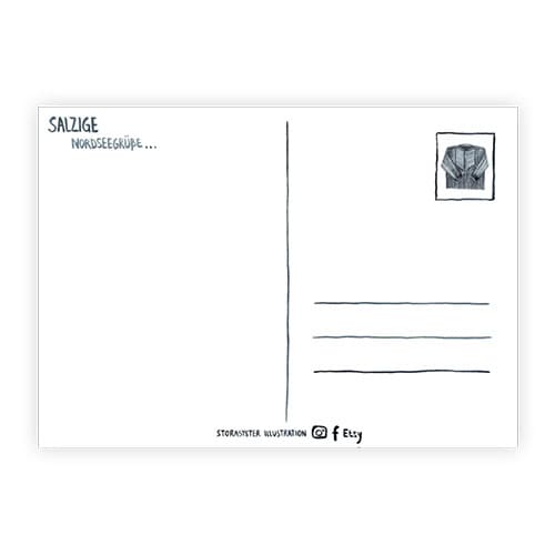 Salzige Nordseegrüße Postkarte mit Meeresmotiven, ideal für Urlaubsgrüße und maritime Dekoratio.