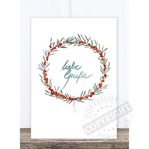 Eleganter Weihnachtsgruß mit Kranz aus roten Beeren und grünen Zweigen, liebevolle Festtagskarte.