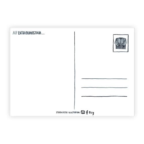 Entdeckungstour Postkarte mit Illustration und Briefmarke, ideal für kreative Grußkarten.