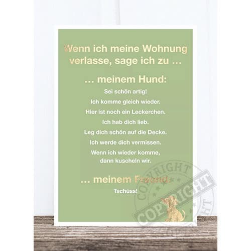 Ein liebevoller Spruch für Hundebesitzer auf einem grünen Poster.