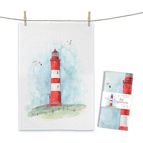 Der Leuchtturm in Wasserfarben, mit Möwen im Himmel, auf Leinwand und Verpackung.