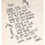 Zwei Zitate über Liebe und Zusammenhalt, handgeschrieben mit Zeichnungen eines Hasen und eines Giraf.