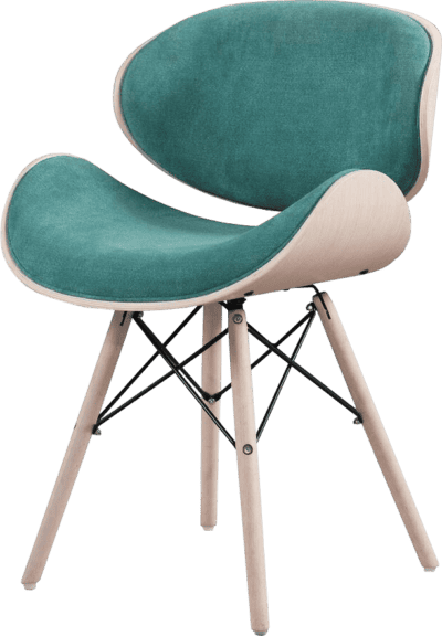 Stuhl mit grüner Polsterung und Holzbeinen, modernes Design für Wohnzimmer oder Büro.