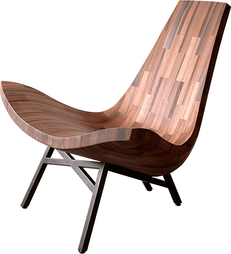 Holzstuhl mit geschwungener Sitzfläche und stilvollem Design.