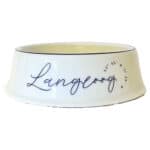 Hundenapf mit Langoog-Schriftzug und Temperaturangaben, ideal für Hundebesitzer.