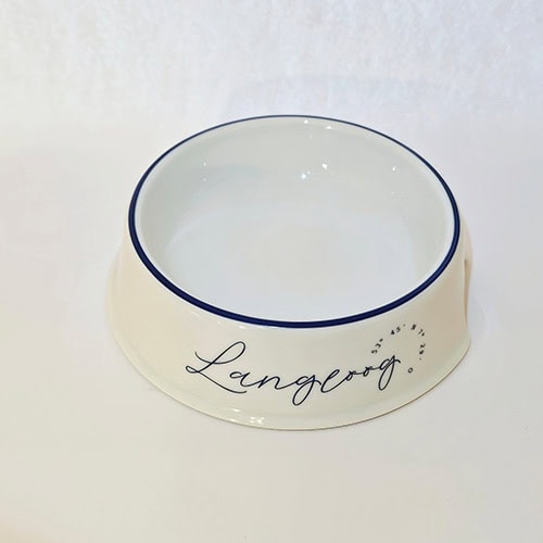 Hundenapf mit "Langoog" Schriftzug und blauer Rand, ideal für Haustiere.