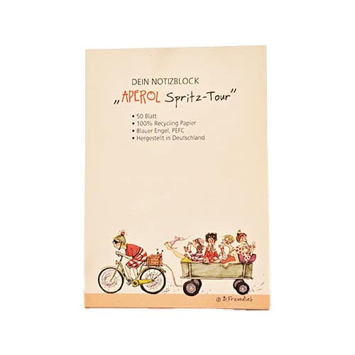 Notizblock "APREOL Spritz-Tour" mit Fahrrad und Gruppe unterwegs, umweltfreundlich, in Deutschland h.