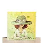 Elegante Frau mit Strohhut und Klee, Kunstwerk im Wasserfarbenstil, "Bin offline" Text, sommerliches.