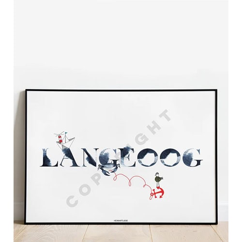 Modernes Kunstwerk mit dem Wort "LANGEOG" und verspielten Illustrationen.