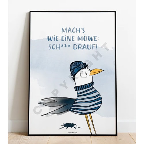 Hochwertiger Kunstdruck mit humorvollem Pinguin-Motiv und Spruch in blauer Farbgestaltung.