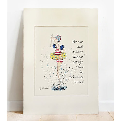 Badezimmer Wandkunst mit Zirkusfigur, Wasser und Spruch, handgemalt, kindlich, humorvoll, dekorativ,.