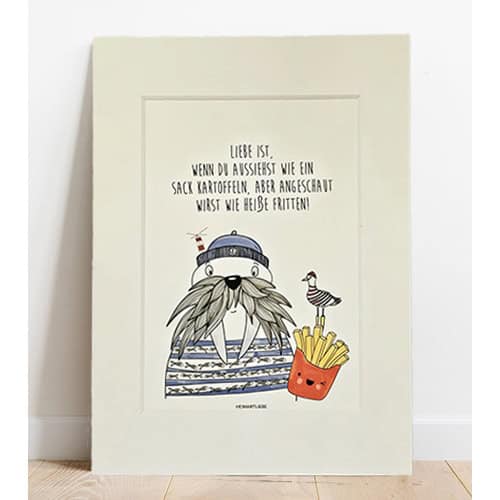 Der Hund mit Mütze, Stöcken und Pommes auf dem Bild, humorvolle Illustration mit deutschem Spruch.