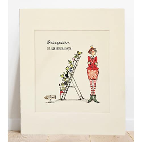Prinzessin Illustration mit Blumen und Leiter, humorvoll und charmant, für Kinderzimmerdekoration.