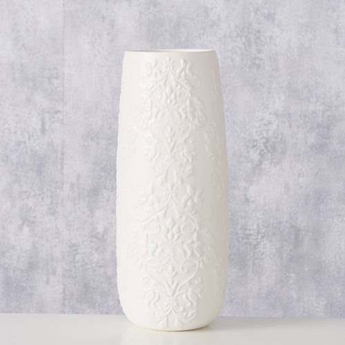 Hochwertige weiße Vase mit floralem Relief, elegantes Dekor für Zuhause.