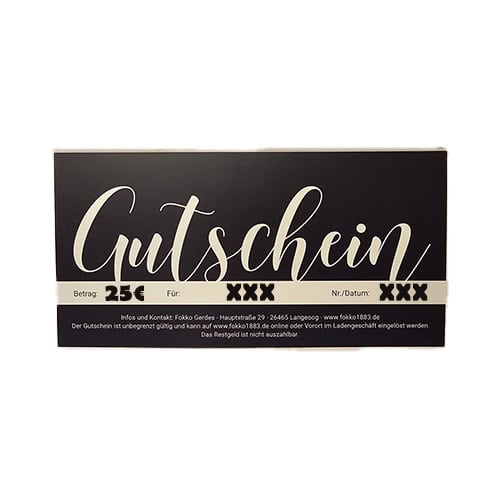 Ein Gutschein im Wert von 25 Euro mit Platz für individuelle Angaben und Firmenlogo. Perfekt für Ges.