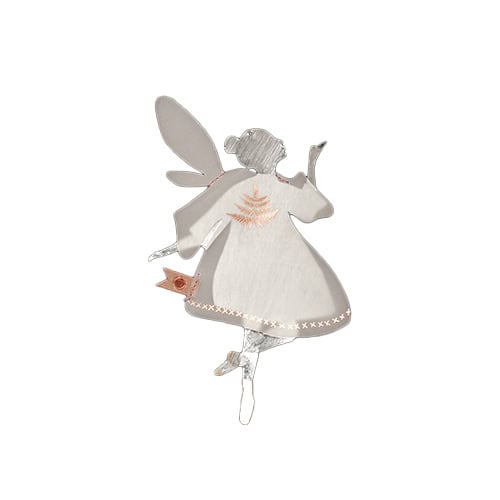 Handgefertigte Mädchen-Holzfigur mit Flügeln, zartem Kleid und Details.