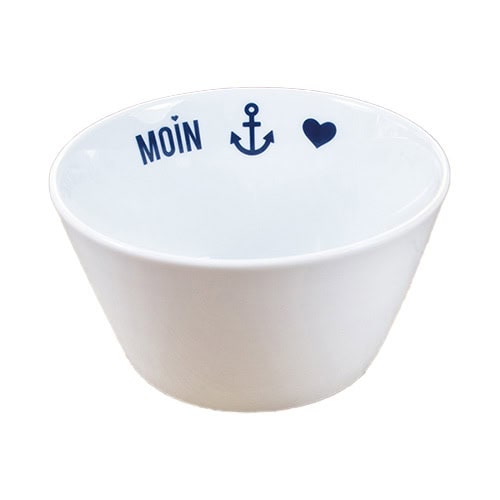 Schüssel mit "MOIN" und Anker, maritimes Design, weiß, dekorativ.