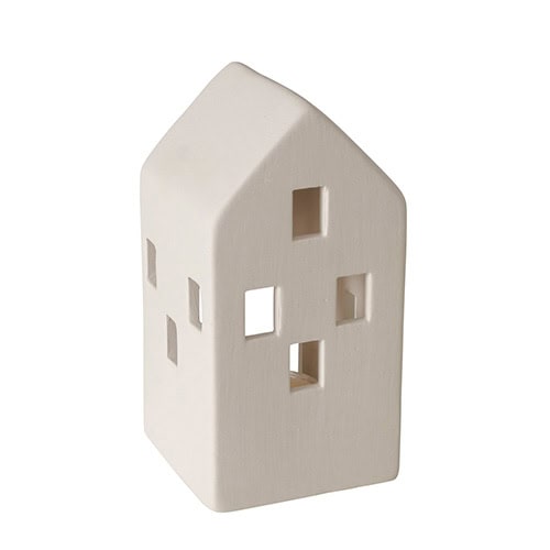Häuserförmige Keramikdekoration mit Fensteröffnungen, modern und minimalistisch.