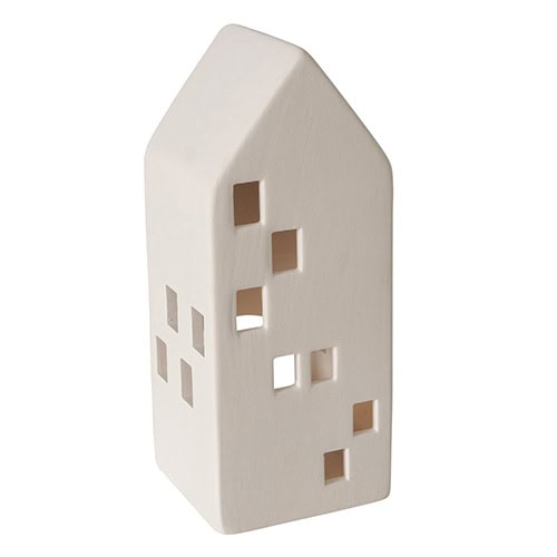 Häuserförmige Keramik-Dekoration mit Fensteröffnungen, modern und minimalistisch.
