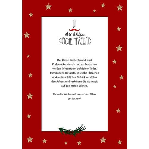 Der kleine Küchenfreund Weihnachtskarte mit Schneeflocken und Sternen, festliche Gestaltung.