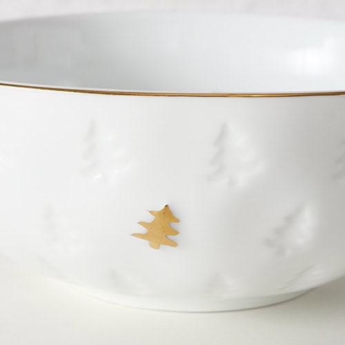 Elegantes weißes Porzellanschüssel mit goldener Rand und Weihnachtsbaum-Design.
