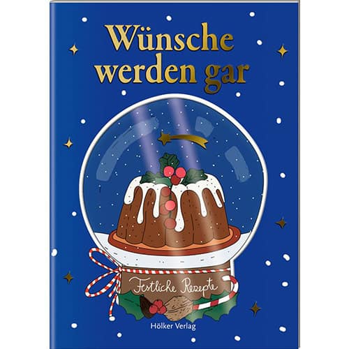 Sterne im Schneekugel mit Weihnachtskuchen und Wunschtext, festliche Dekoration, Weihnachtsstimmung,.
